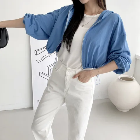 네쥬 봄 여름 크롭 스트링 무지 데일리 후드 집업