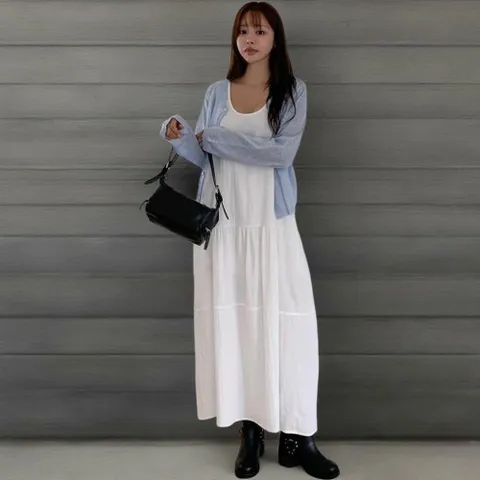 |CMO56B9|여자 무지컬러 유넥 쿨링 핀턱 셔링 민소매 롱 원피스