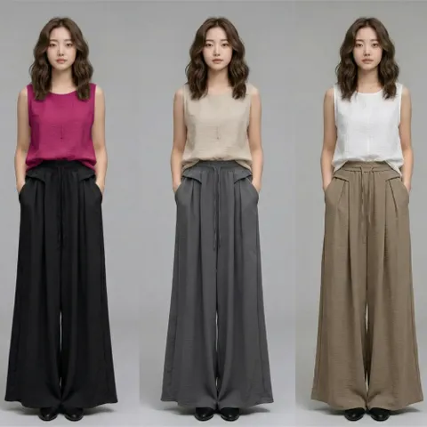 |CCP96A2|여성 여름 린넨 느낌 루즈핏 밴딩 와이드팬츠