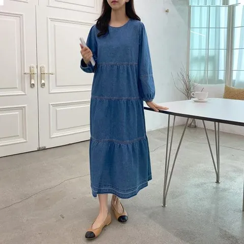 [하프클럽/옷자락]여자 데님 캉캉 중청 코튼 라운드넥 롱 원피스
