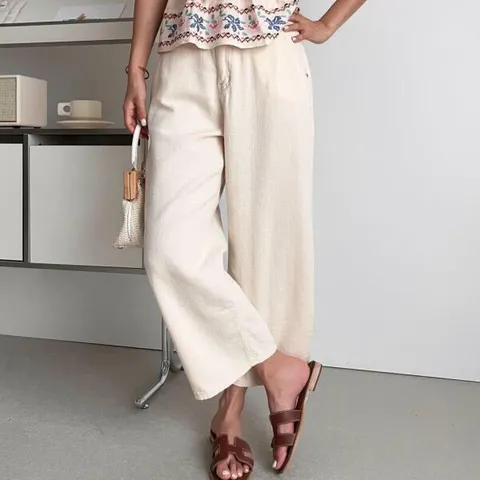 아트박스/신상오픈런 여성용 여름 린넨 와이드 크림 밴딩 통바지 +할인쿠폰