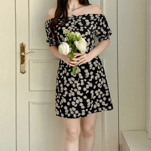 원피스 OPS 휴양지 쉬폰 셔링 꽃무늬 미니 드레스 여름