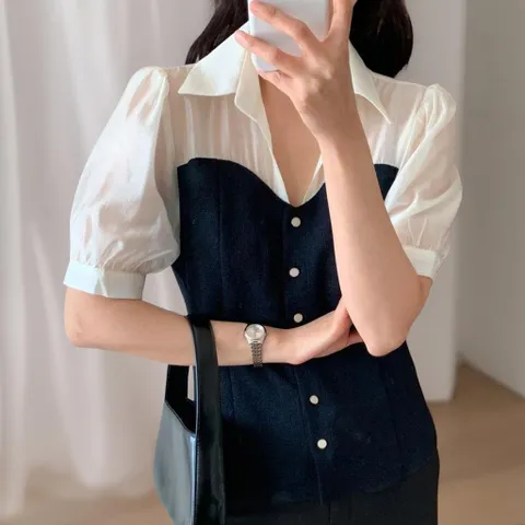 여자 시스루 카라 하트 뷔스티에 반팔 블라우스