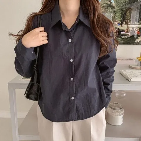 [하프클럽/옷자락]여자 캐주얼 오피스룩 루즈핏 무지 면남방 크롭 셔츠