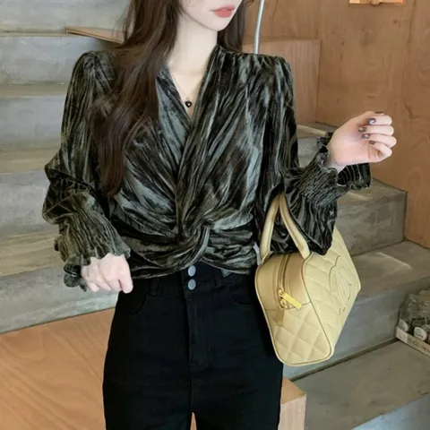 블라우스 브라우스 셔츠 긴팔 브이넥 스모크 밴딩 여성 꼬임 벨벳 원단