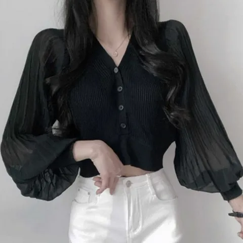 블라우스 브라우스 셔츠 긴팔 여성 팔뚝 커버 브이넥 가디건 블랙 화이트