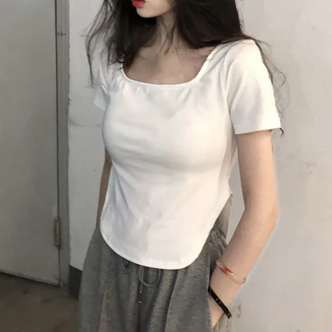 반팔 티셔츠 반팔티 여자 2컬러 스퀘어넥 트임 밑단 포인트 여름