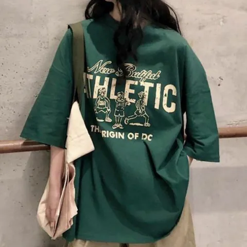 반팔티셔츠 여름 귀여운 빈티지 프린팅 긴 기장 티셔츠 여성 오버핏 +할인쿠폰