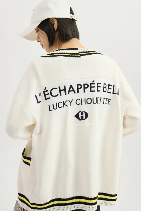 [LUCKY CHOUETTE] Color Line Back Lettering Knit Cardigan LFWCM25310IVX