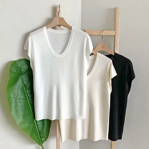 여자 클래식 비스코스 유넥 차르르핏 캡소매 니트