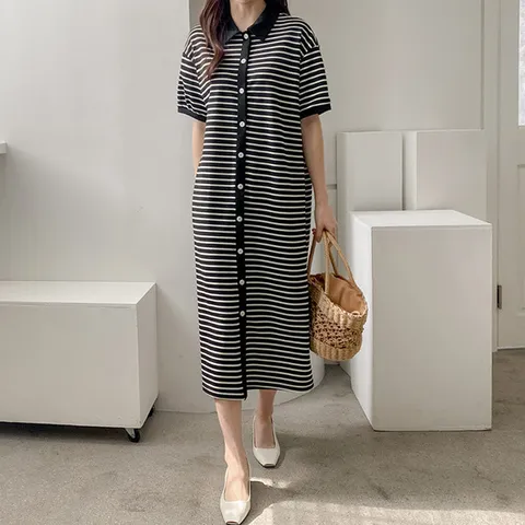 H스타일(DK)단롱배색카라OPS 여성 봄 롱원피스 반팔 OPS 홈웨어 데일리 루즈핏 +할인쿠폰