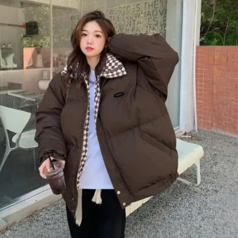 |CCJ6B0C|여성 체크 디자인 안감 하이넥 소매 패딩