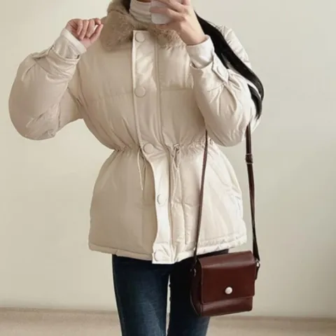 |CCJ6B12|여성 카라 퍼 하프 패딩 허리 조임 이중 잠금
