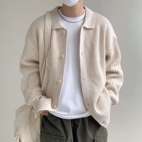 남성용 카라포인트 캐주얼 단추 가디건 +할인쿠폰