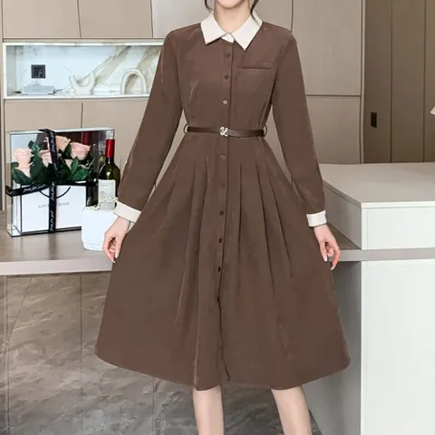 원피스 OPS 드레스 코듀로이 카라 배색 셔츠 롱
