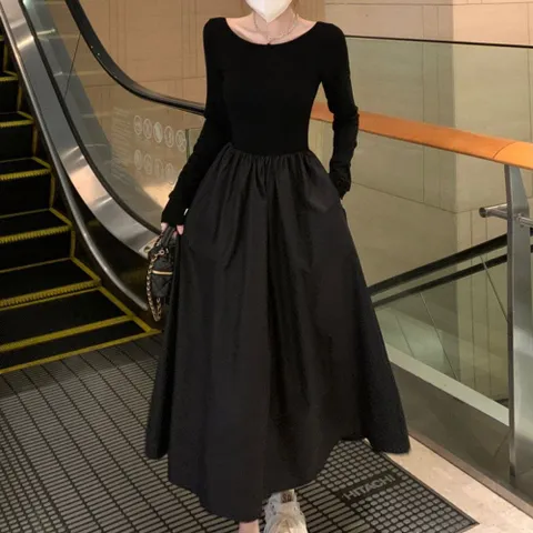 원피스 OPS 드레스 여성 상의 슬림핏 신축성 A라인 스런 블랙