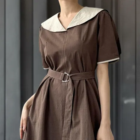 |CDO5407|여성 링 벨트 세일러 칼라 면 반팔 롱 드레스