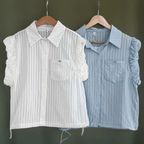 |CSH3EB7|여성 스트라이프 포켓 민소매 셔츠 링클 스트링 탑