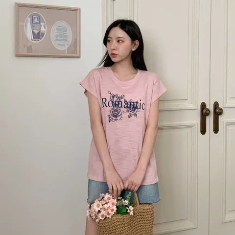 여자 박시핏 U넥 캐쥬얼 프린팅 꽃그림 반팔티