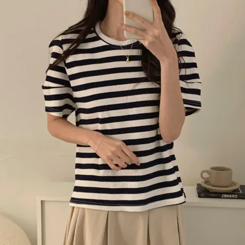 여자 줄무늬 벌룬 U넥 골지 반소매 봄옷 티셔츠