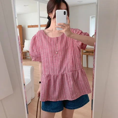 |KSH3F15|여성 체크 패턴 프릴 퍼프 뒷리본 빅사이즈 블라우스