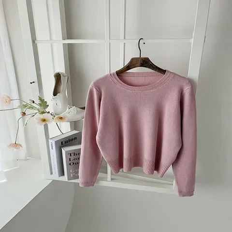 [하프클럽/다잇템]여자 분홍 와플 톤업 민트 클래식 라운드 니트
