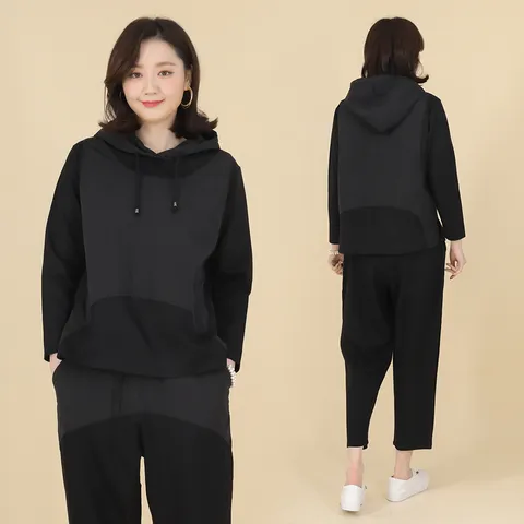 애비뉴투지 엄마옷 셀럽 후드 우븐 배색 여성 봄 여름 긴팔 트레이닝 츄리닝 상하세트 H01137 50대 60대 +할인쿠폰