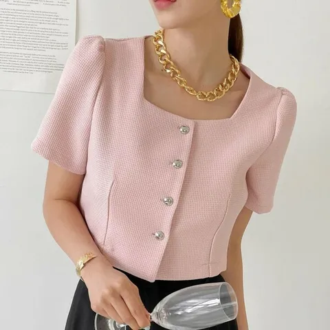 [하프클럽/옷자락]여자 스퀘어넥 트위드 반팔 퍼프 여름 크롭 숏자켓