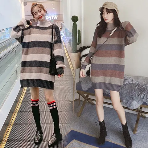 겨울원피스 OPS 홈웨어 예쁜 굵은 가로 줄 배색 목폴라 니트원피스 미니