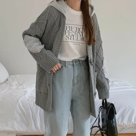 [하프클럽/다잇템]여자 떡볶이 빅사이즈 조각 후디 엘보 가디건