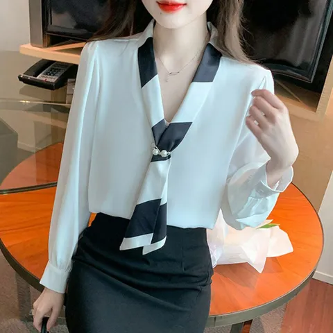 블라우스 셔츠 브라우스 여성 여름 배색 타이 긴팔 새틴소재 진주고리 오피 +할인쿠폰