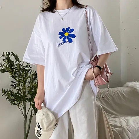 H스타일(TS)꽃낙서라운드티 봄 여성 티셔츠 라운드 롱티 데일리