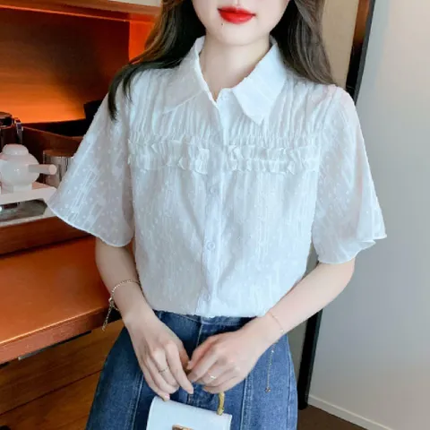 여성 프릴 시폰 문양 반소매 귀여운 패턴 블라우스