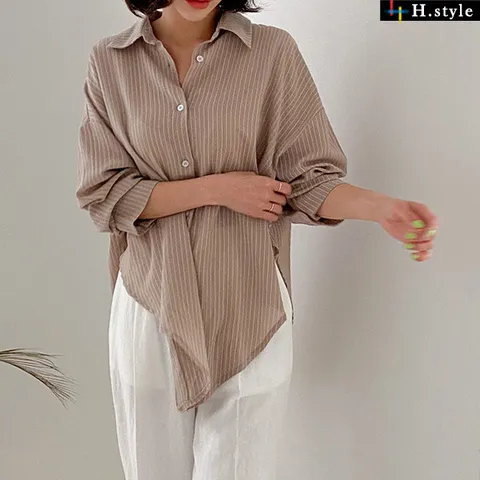 [H스타일](DK)줄프로린넨NB/여름/마티셔츠/루즈핏/라운드/바캉스/긴팔/클