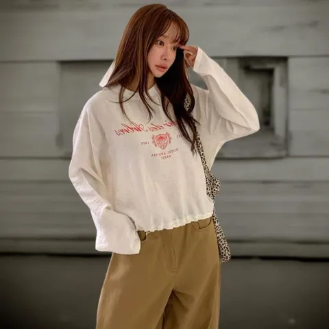 |KHT9631|여성 오버핏 긴팔 맨투맨 린넨 레터링 스트링 티셔츠