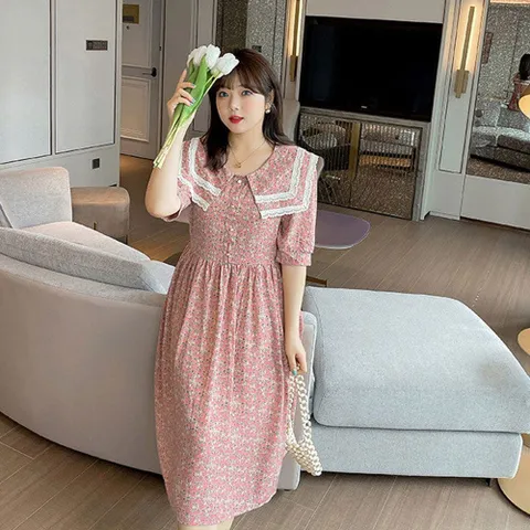 원피스 OPS 여성 빅사이즈 화사한 플라워 패턴 반팔 빅카라
