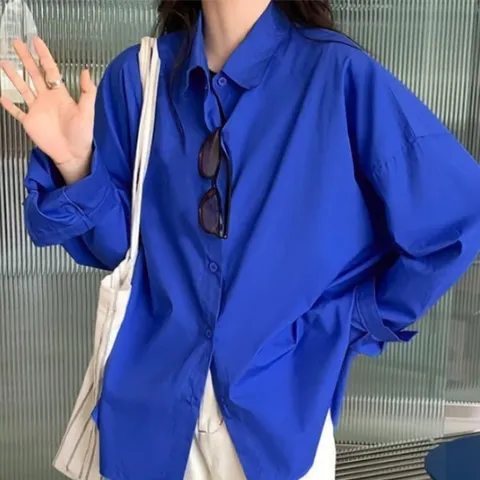 여성 가을 데일리 차르르 루즈핏 블루 셔츠 +할인쿠폰