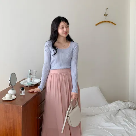 |KHTA5F1|여성 슬림핏 배색 골지 스퀘어넥 티셔츠