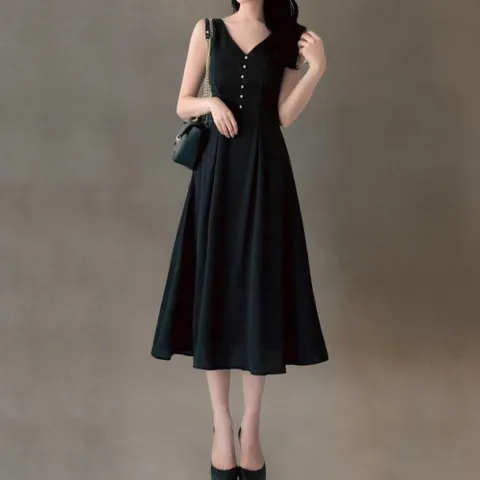 |CCO5839|여성용 블랙 브이넥 민소매 롱드레스 진주 버튼 디자인