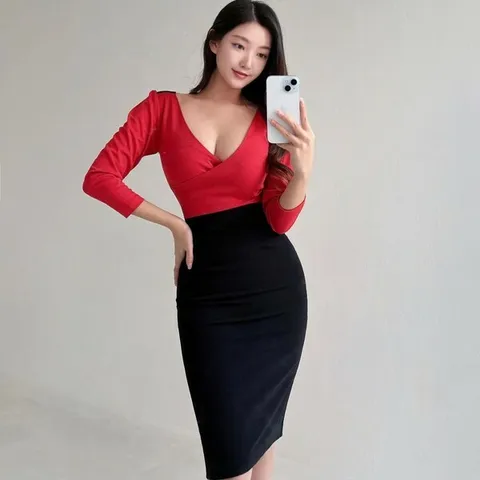 [하프클럽/다잇템]여자 크리스마스 딥브이 콘트라스트 원피스