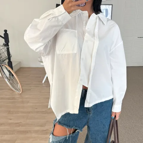여자 컷오프 큰사이즈 빅사이즈 키치룩 SS 주머니 언발 셔츠