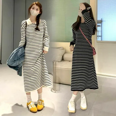 원피스 OPS 여성 겨울 가을 홈웨어 연말룩 단가라 반집업 카라 니트 롱 봄