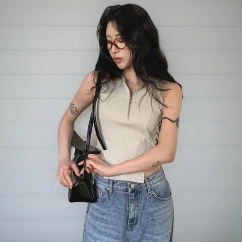 |KHT9154|여성 크롭 반집업 언발란스 스판 절개 나시