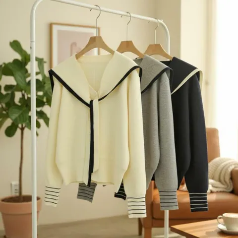 여자 단가라 세일러카라 리본보우 가디건