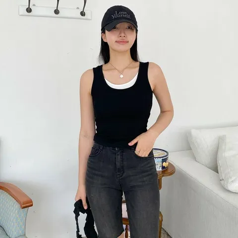 [하프클럽/옷자락]여자 봄 심플 이중 이너 배색 슬림핏 민소매 나시