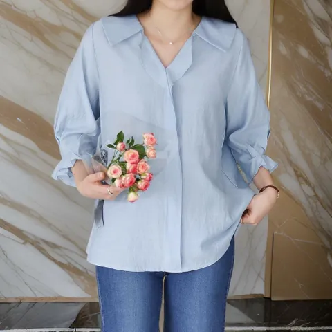 여자 칠부 카라넥 핀턱 결혼식 하객룩 블라우스