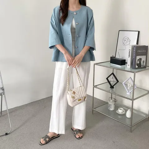 여자 라운드 노카라 루즈핏 7부 소매 여름 린넨 자켓