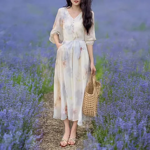 여성 보들보들 프린트 원피스 봄 프렌치 긴팔 슬림