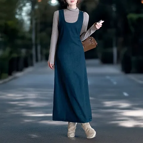 여성 빈티지 데님 민소매 원피스 A라인 롱스커트