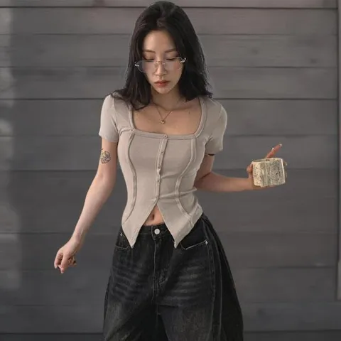 아트박스/신상오픈런 여성 언발 슬림핏 스퀘어넥 반팔 트임 디자인 +할인쿠폰